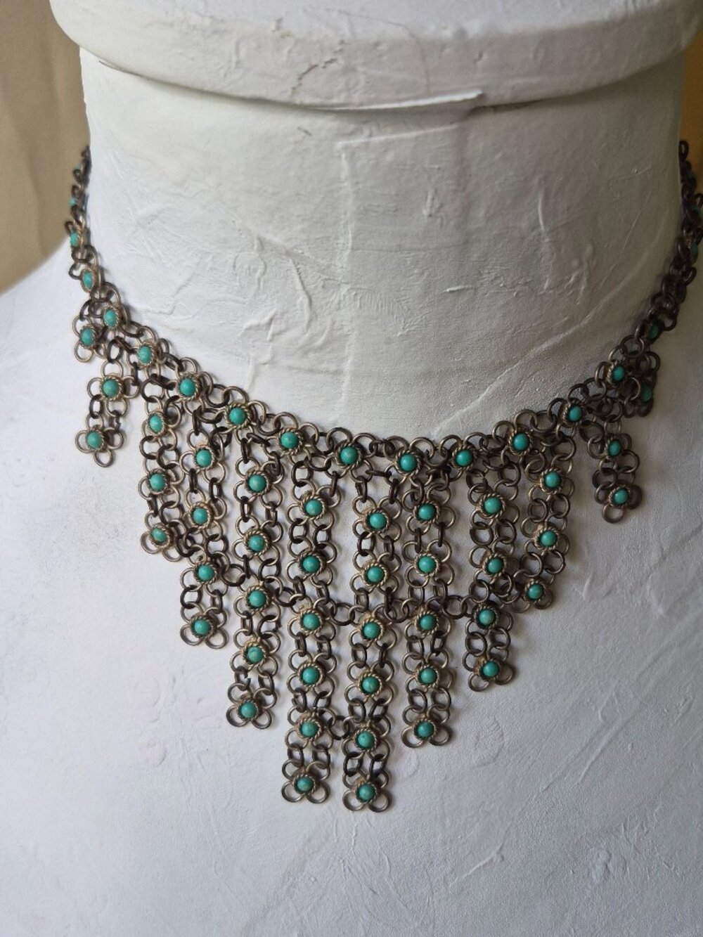 Vintage Brass Chainmail Turquoise silver tone Bib Choker Tribal Boho Necklace - Picture 8 of 9